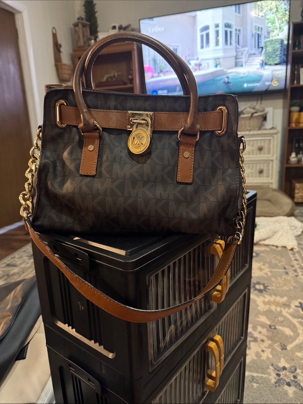 Michael Kors Brown and Tan Hamilton Satchel with Gold Hardware